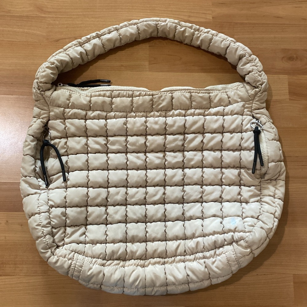 Free People FP Movement Quilted Carryall Hobo Bag Womens Large Beige Pockets